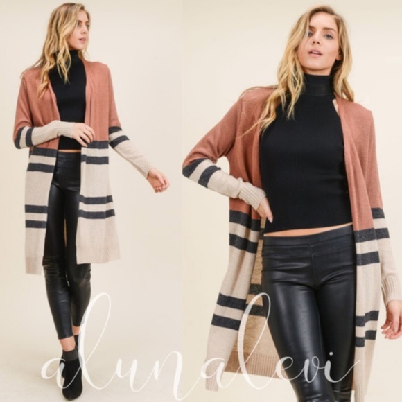 Sweaters - Color block cashmere blend long cardigan -RUST